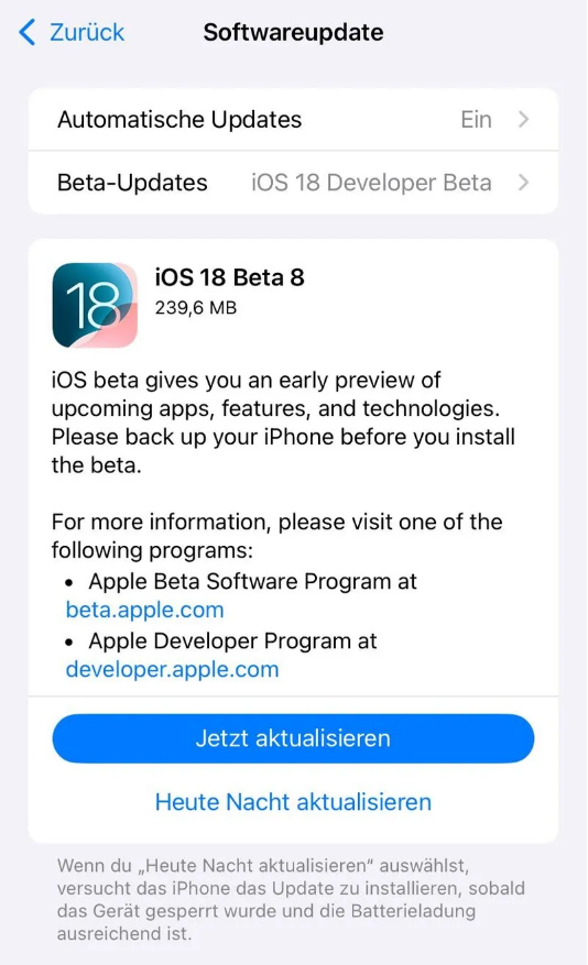 李沧苹果手机维修分享苹果 iOS / iPadOS 18 开发者预览版 Beta 8 发布 